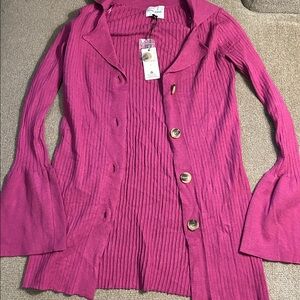 Pink Rose Women's Fuchsia Button-Down Cardigan/Sweater Dress Ribbed Bell Sleeves
